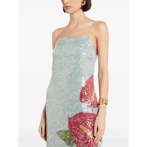 $450 NWOT Farm Rio Blue Sequins Anthurium Flowers Slip Maxi Dress Size S - Picture 4 of 16